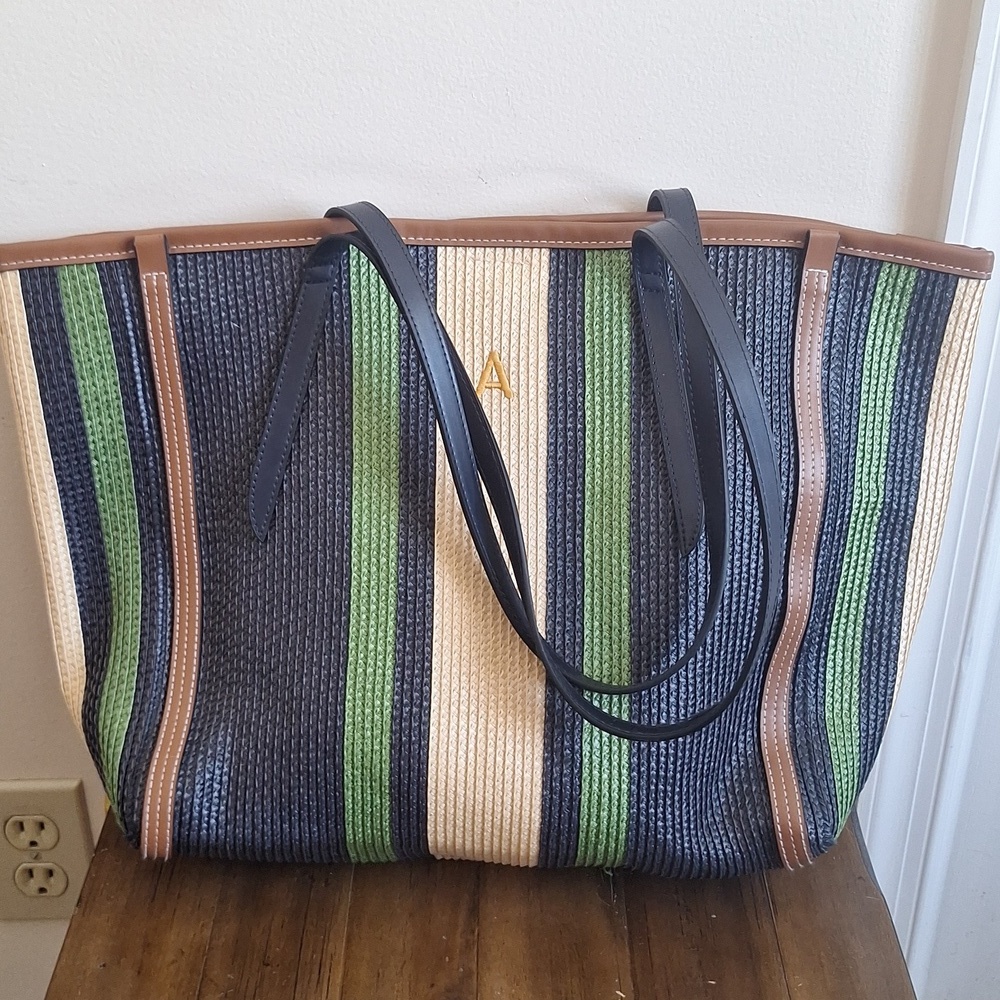 ​ZARA Striped Woven Straw Tote Bag Monogram Initial "A" – Green Navy Tan